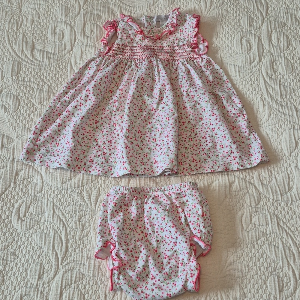 Kissy Kissy girls size 0-3 months red & pink flower dress with smocked top EUC